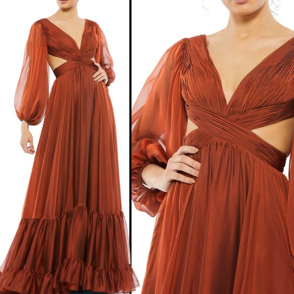 Mac Duggal Size 4 Copper Chiffon Corset Lace Up Back Long Sleeve Maxi Dress Gown - Picture 2 of 5